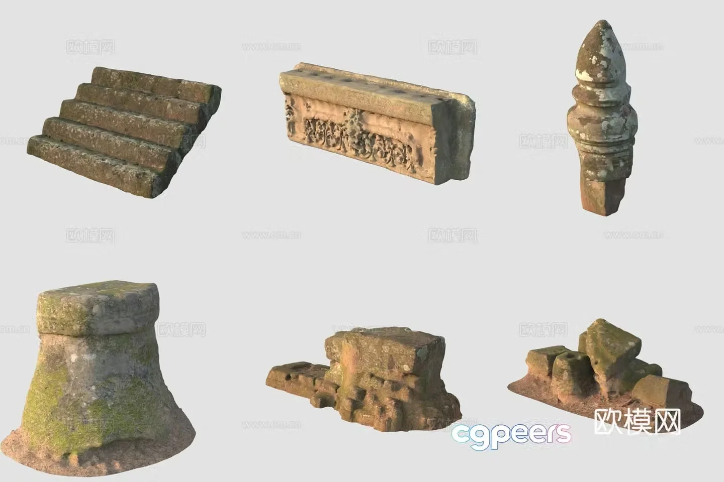 Ancient stairs stone carving stone pillars 3D model