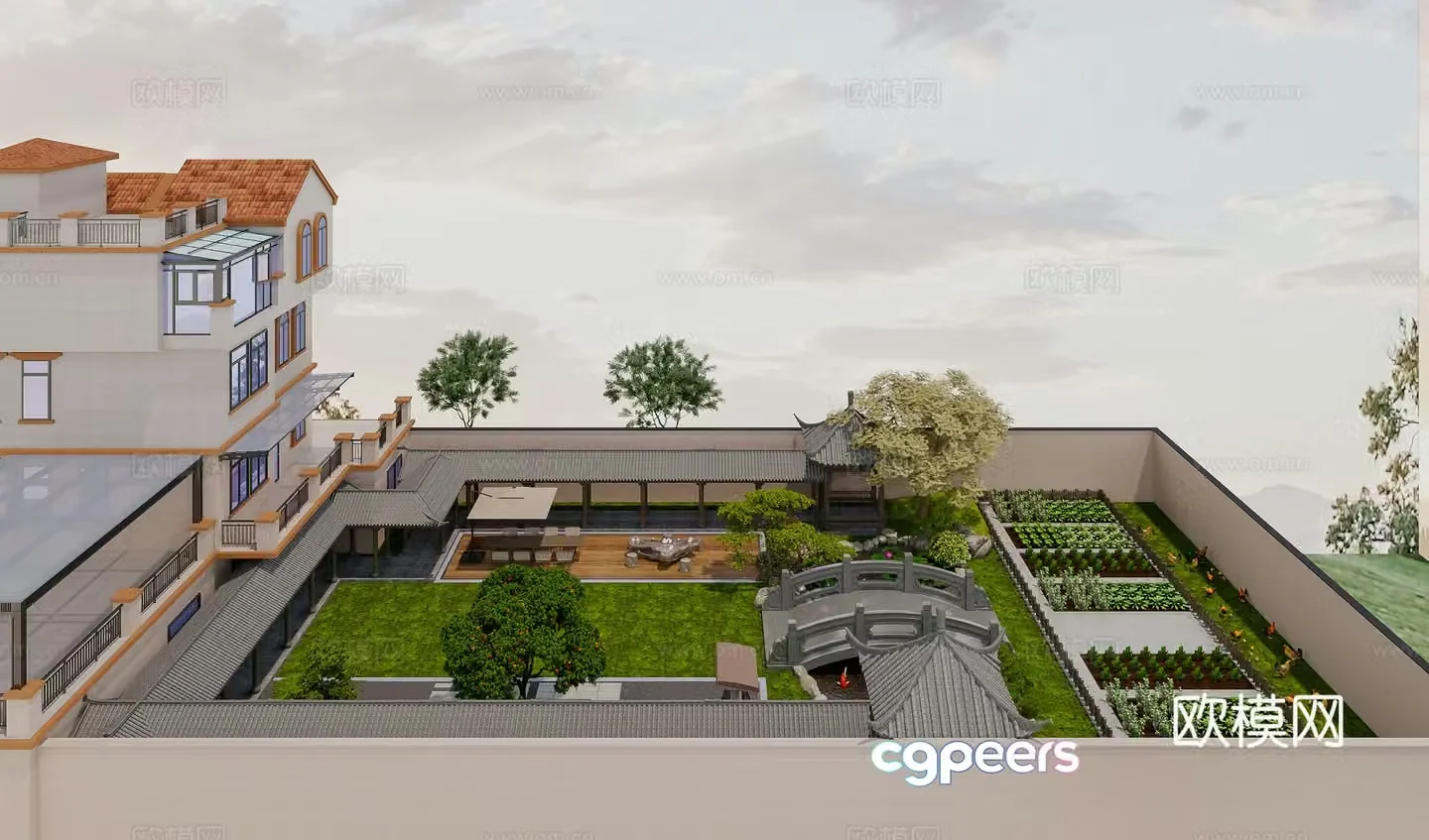 New Chinese style courtyard Villa courtyard landscape Fish pond water view New Chinese style corridor 3D model