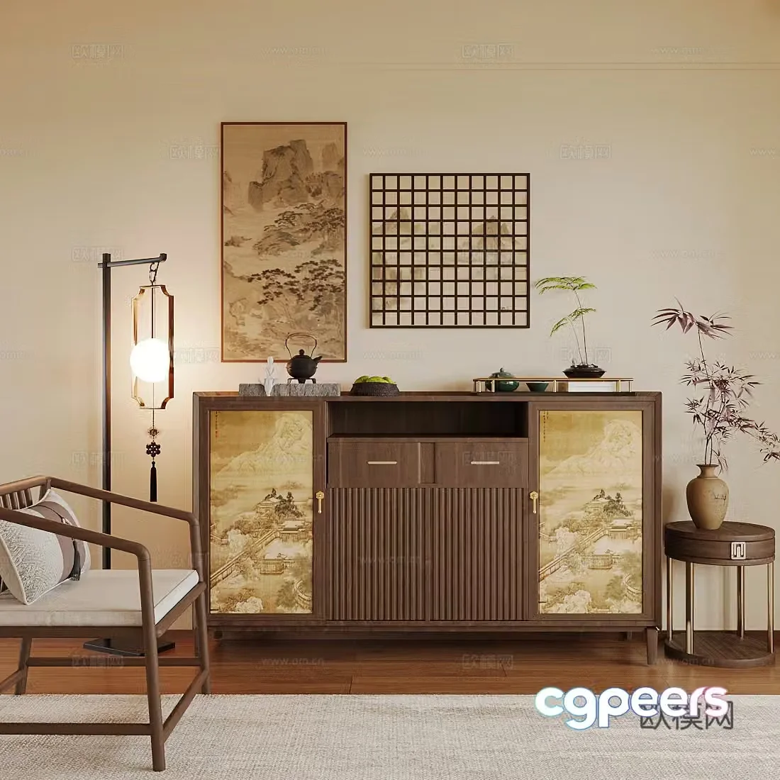 New Chinese style porch cabinet New Chinese style Zen style porch cabinet New Chinese style decorative cabinet Decorative cabinet ornament combination 3D model