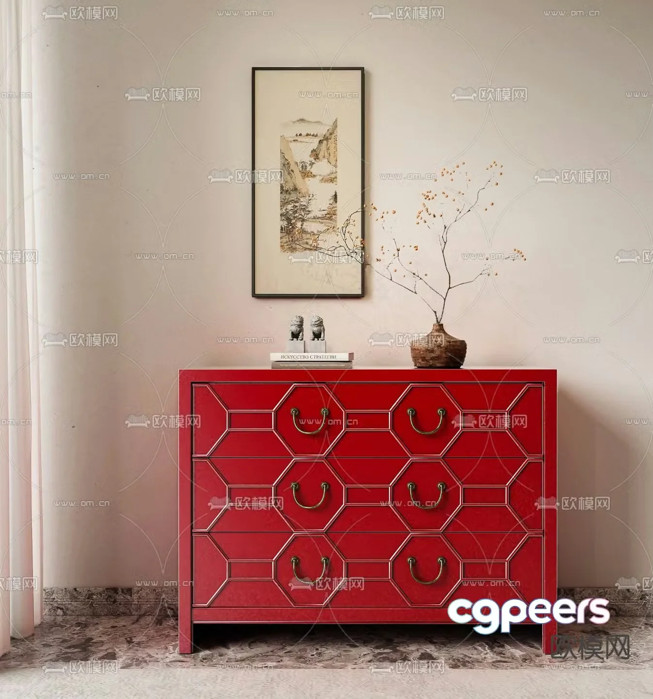 New Chinese style side cabinet drawer cabinet entrance cabinet 3D model