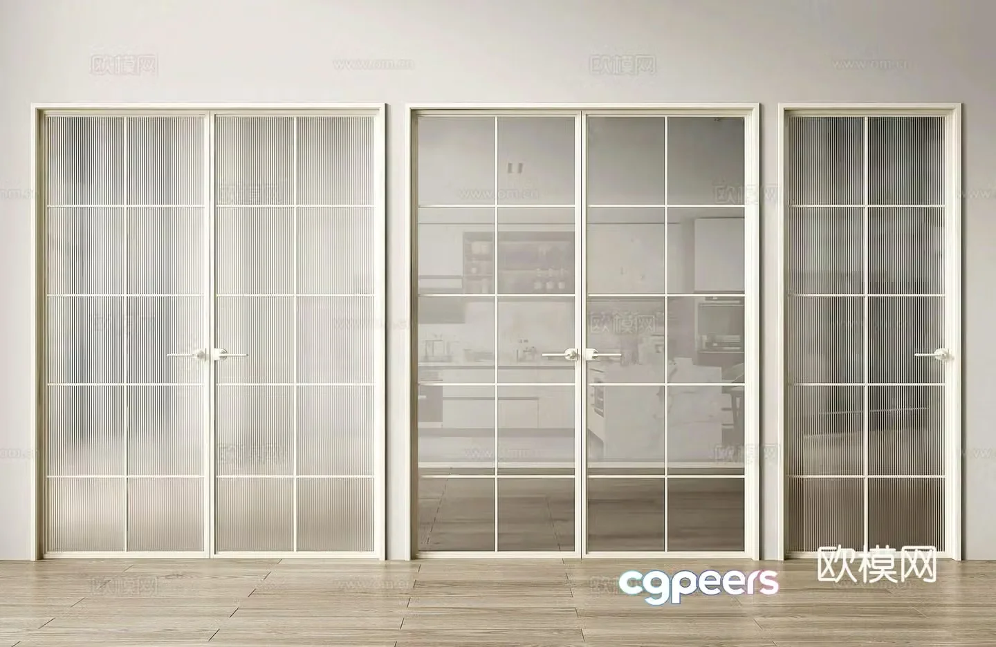 Cream style double door single door glass door 3d model