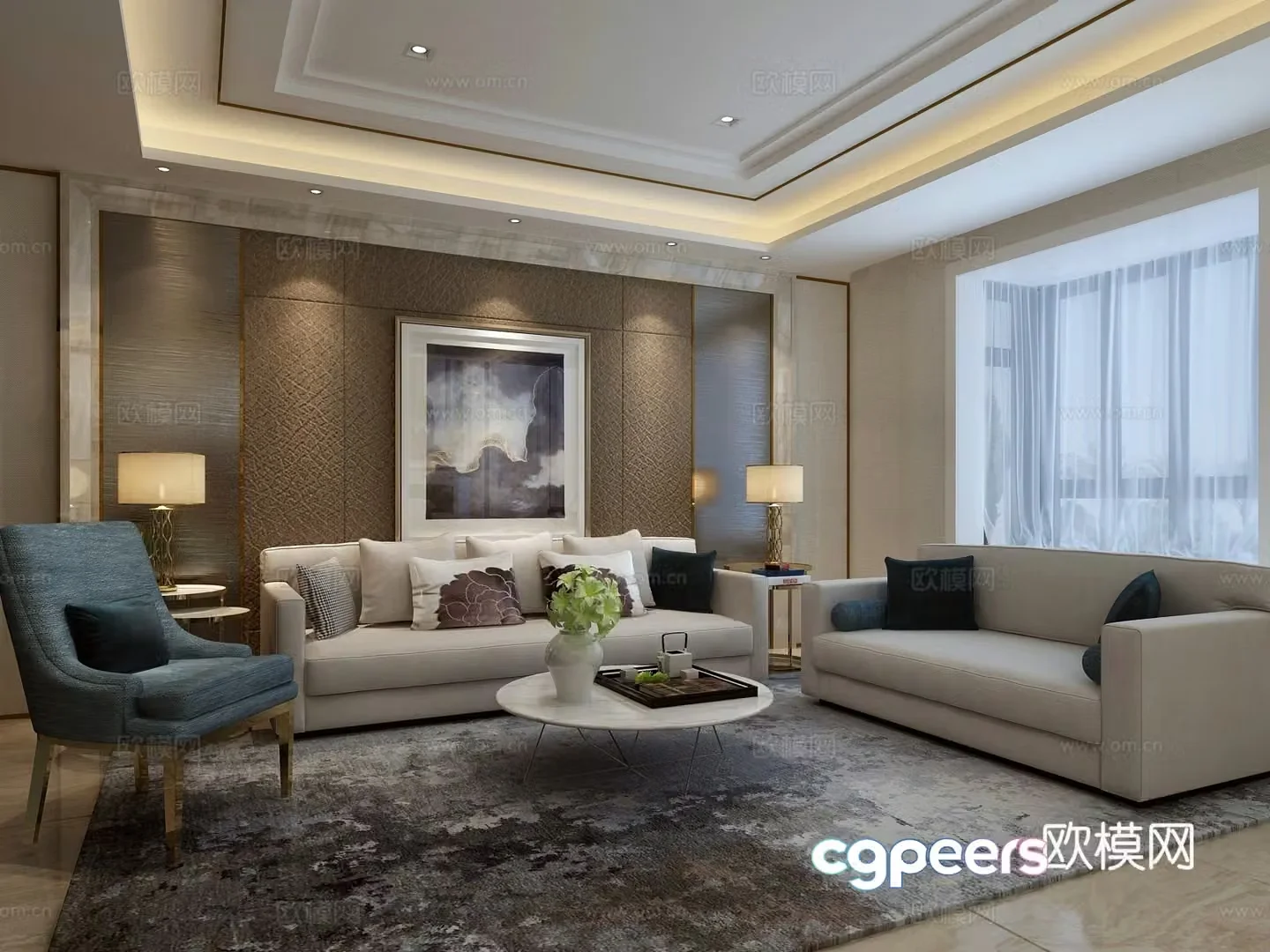 Modern living and dining room sofa and coffee table combination dining table and chairs hanging paintings chandeliers 3D model