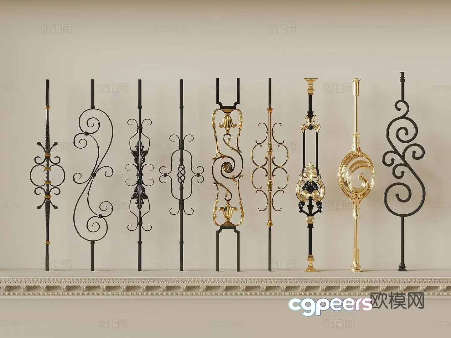 Railing French railing column Stair guardrail Wrought iron railing 3d model