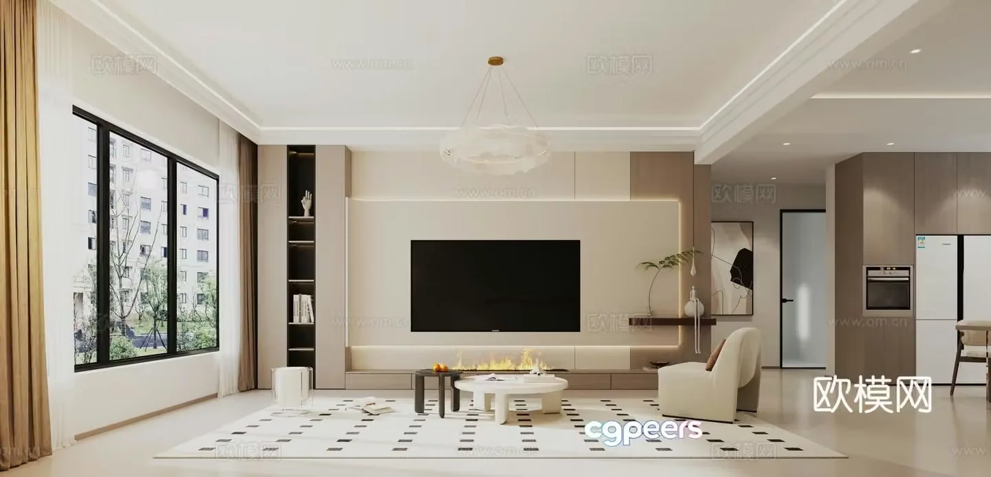 Modern Cream Style Living and Restaurant 3D Model