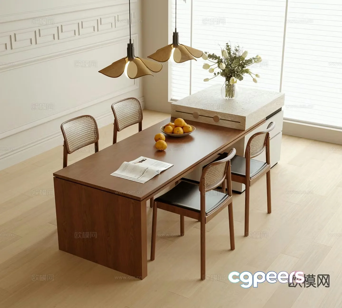 Medieval style island dining table and chairs 3D model