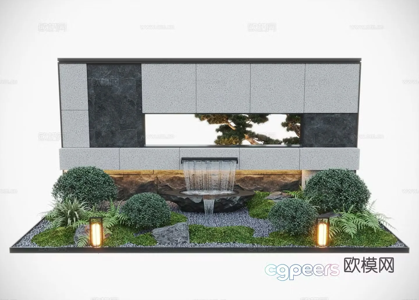 Modern courtyard water view wall water bowl flowing water 3d model