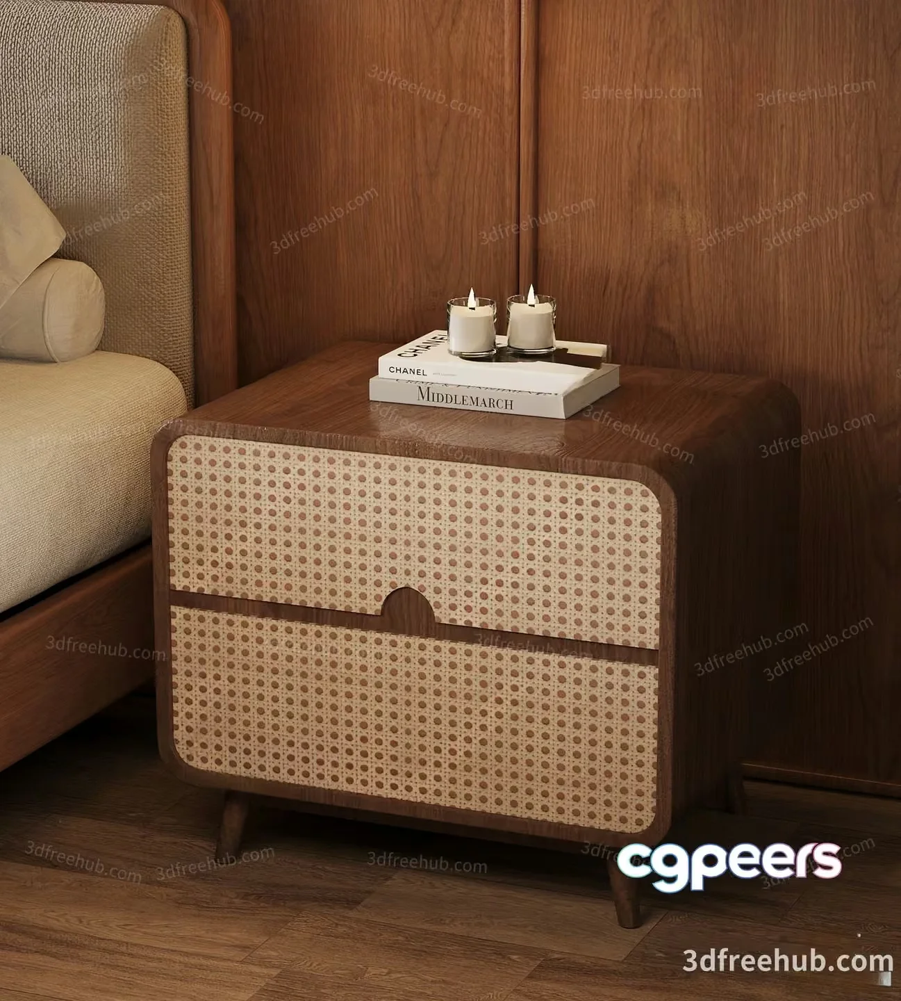 Retro-Style Wooden Nightstand With A Woven Drawer 3D Model – 22576 – VRAY Render