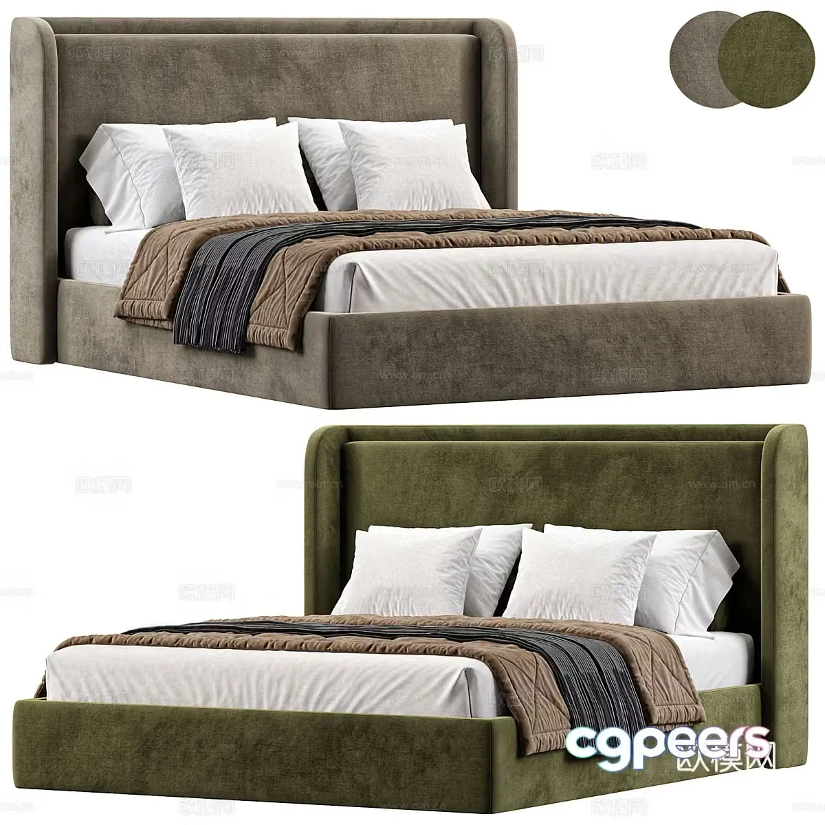 Modern Italian light luxury fabric double bed 3D model