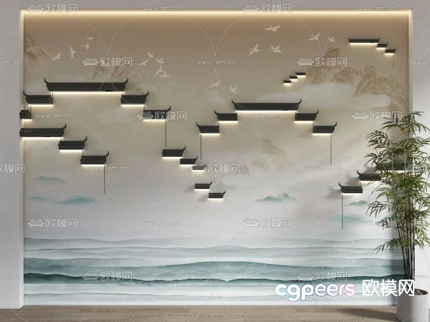 Chinese horse head wall background wall decorative wall 3d model