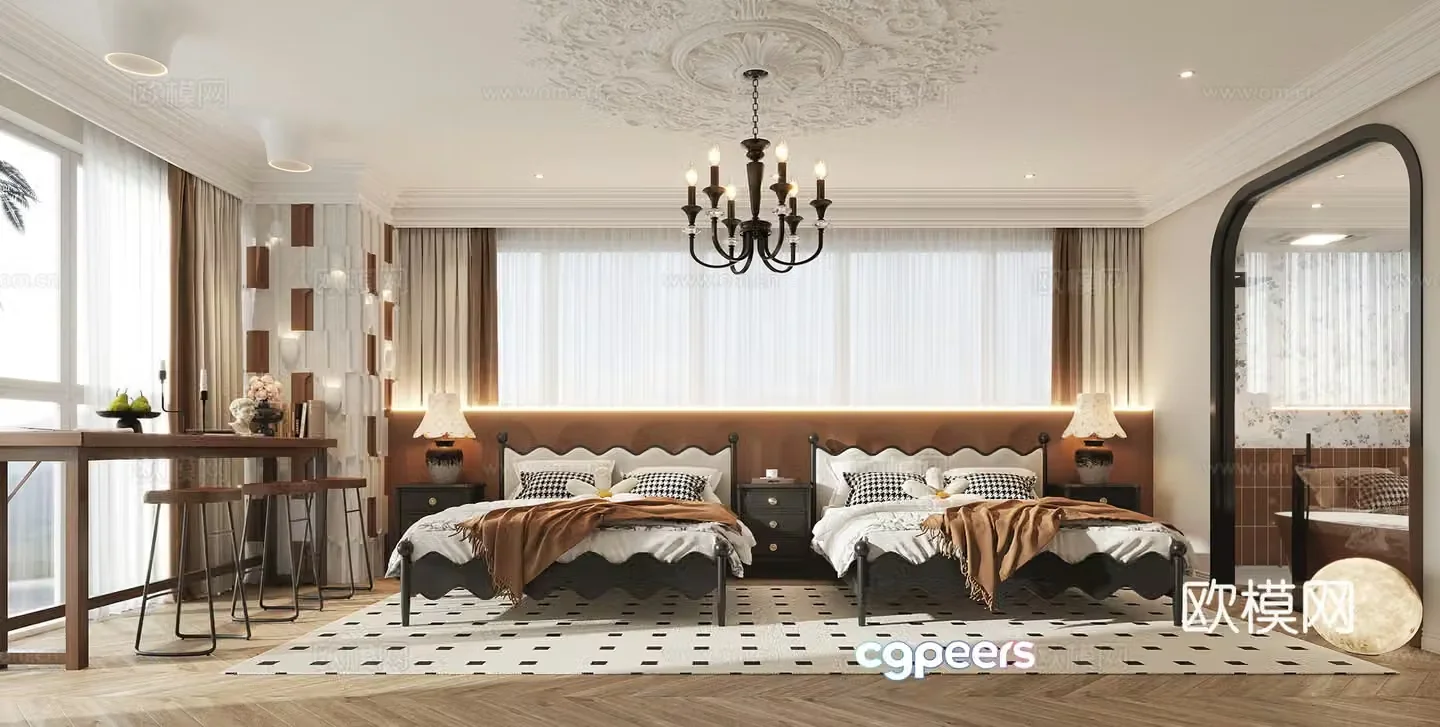 French style B&B bedroom twin room 3d model