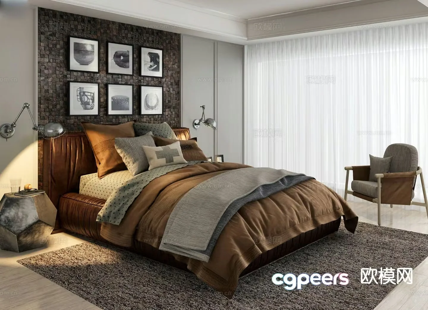 American double bed leather bed 3d model