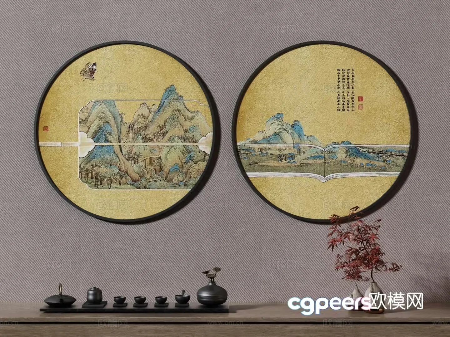 New Chinese style landscape painting decorative painting 3D model