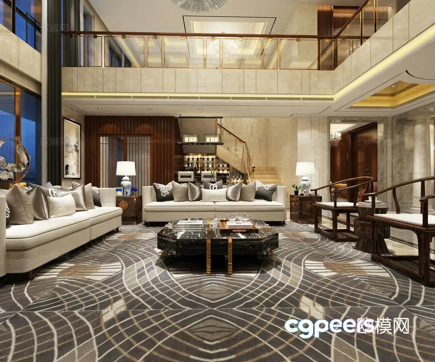 New Chinese style duplex living room New Chinese style living room Duplex living room New Chinese style staircase 3D model