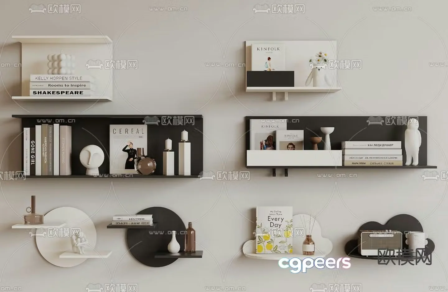 Wall-mounted laminate books ornaments shelves 3D model
