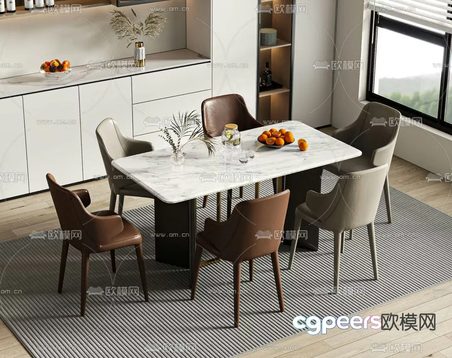 Long dining table and chairs 3d model