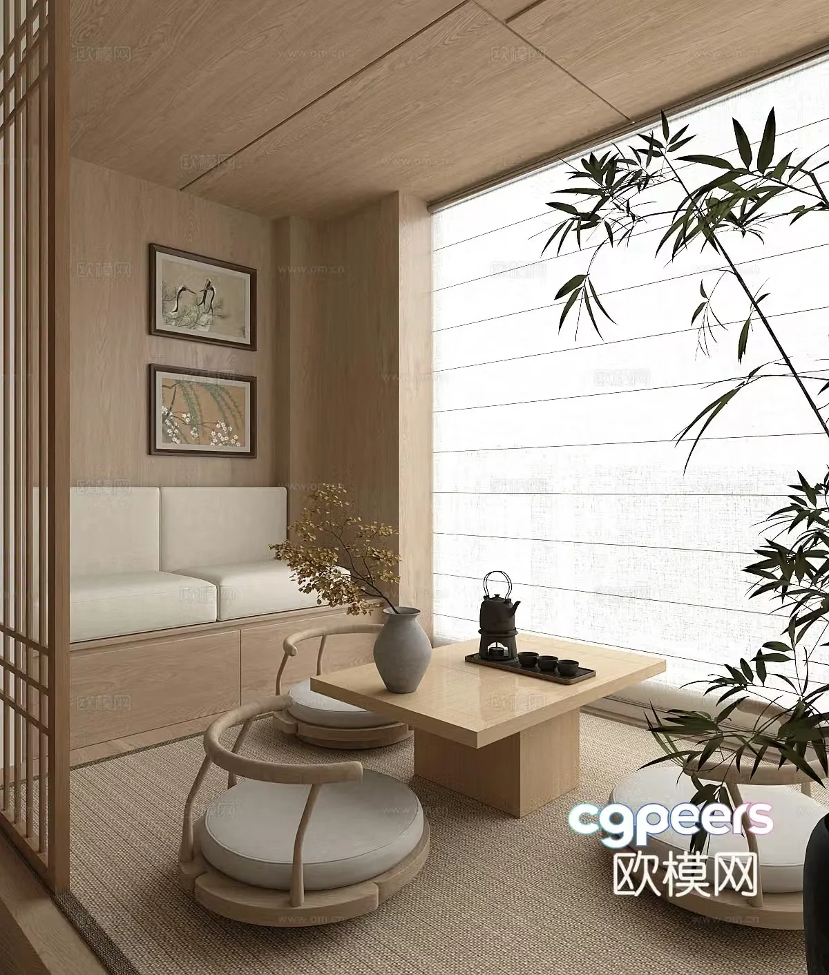 Wasabi Tatami Tea Room New Chinese Tea Room Tatami Tea Table and Chair Chinese Style Hanging Painting 3D Model