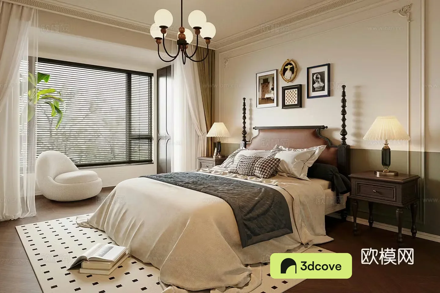 French bedroom retro double bed nightstand chandelier
