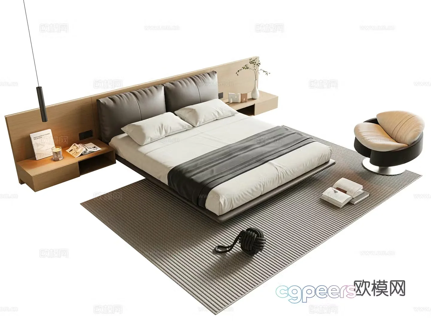 Modern minimalist double bed leather art double bed master bedroom double bed suspended bed bed head background 3D model
