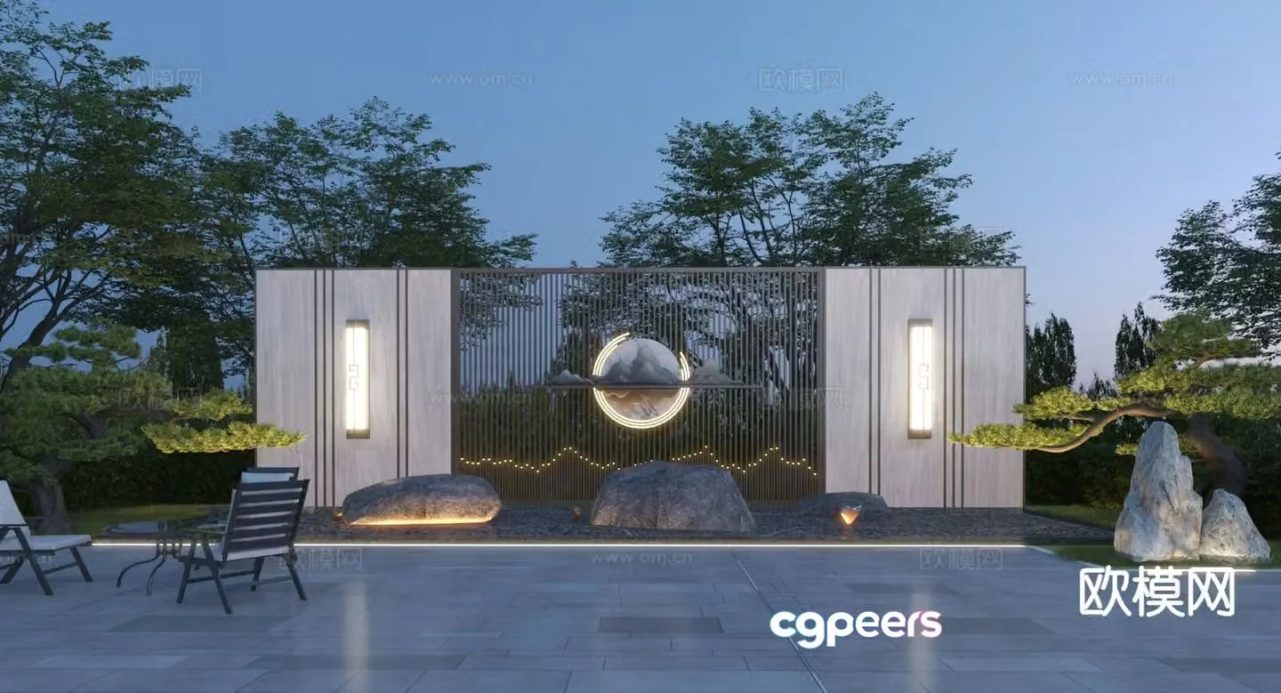 New Chinese style courtyard landscape wall night scene 3d model