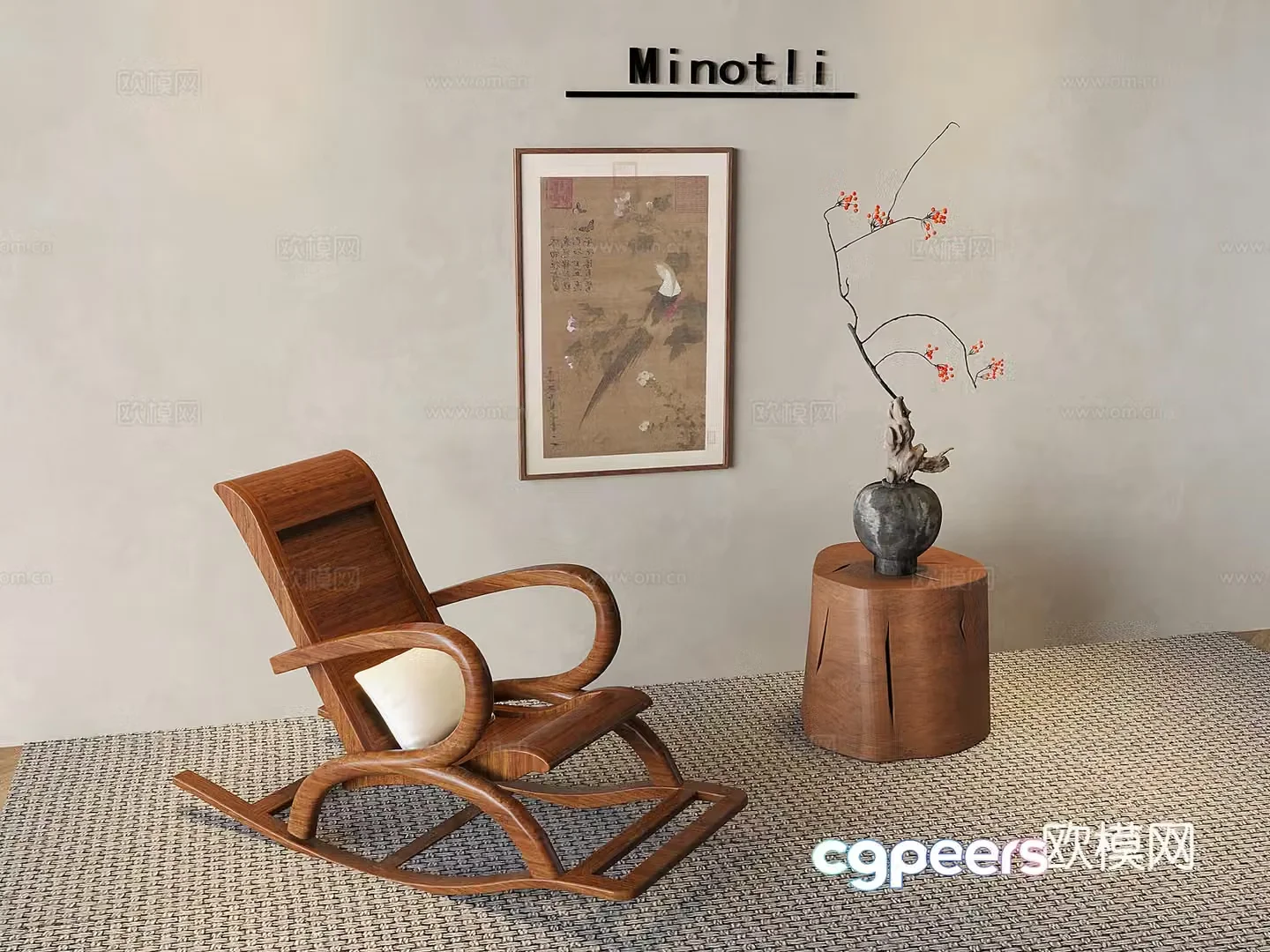 Middle-aged solid wood casual rocking chair recliner flower carved edges 3D model