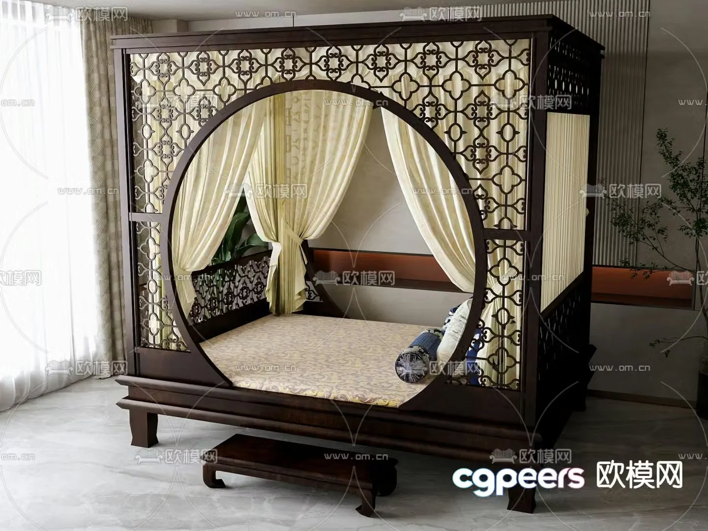 New Chinese style double bed 3d model