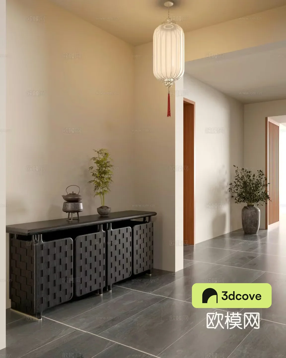 New Chinese style entrance cabinet Song style entrance cabinet Aisle Middle-aged side cabinet Low cabinet Green plants Lantern 3D model