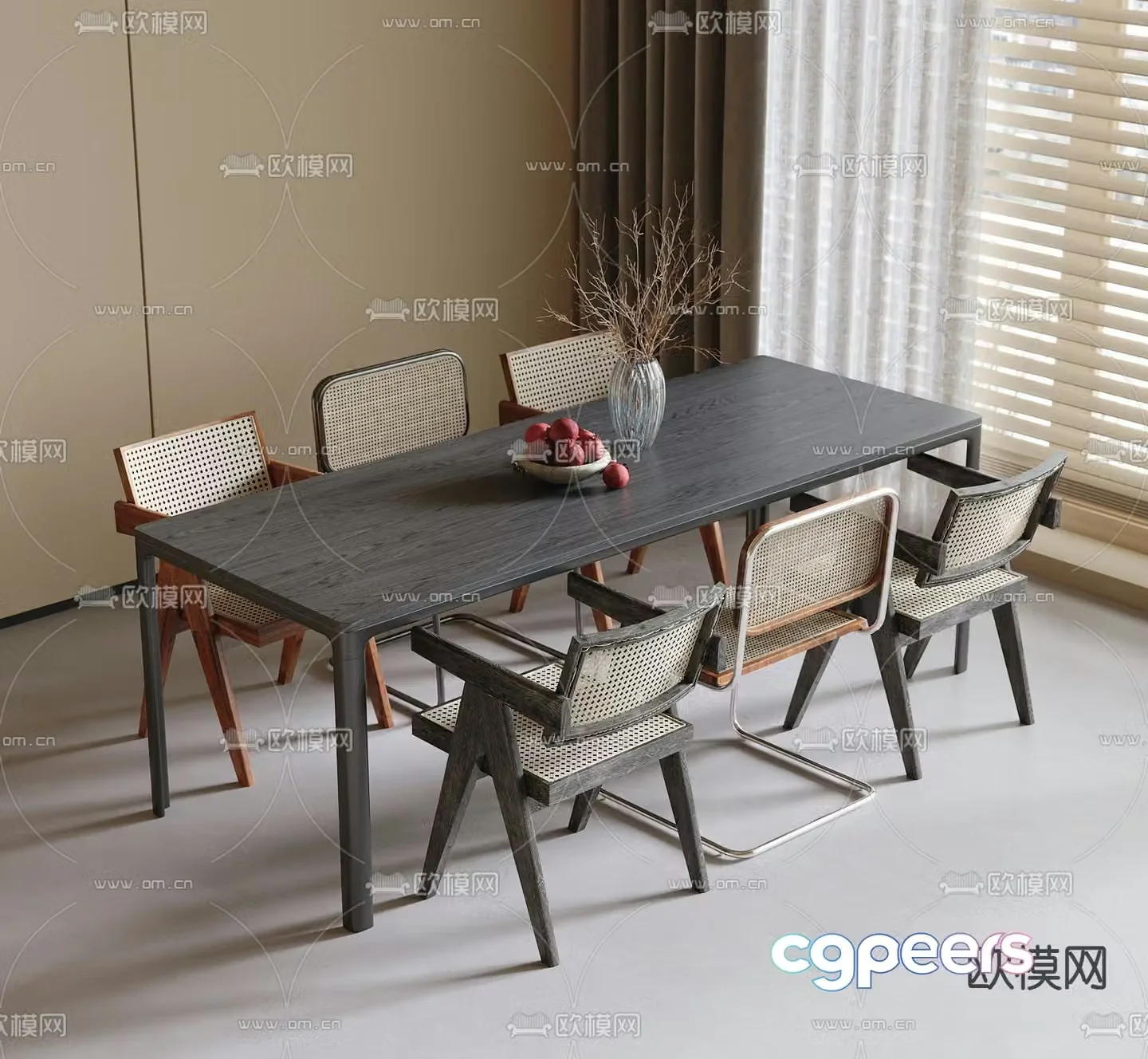 3D model of strip dining table and chair