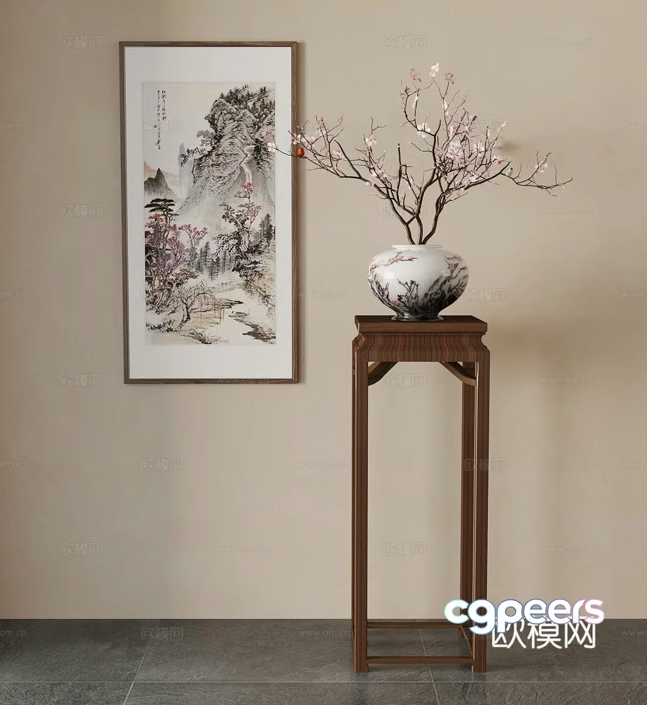 Flower stand New Chinese style flower stand Vase Decorative painting 3D model