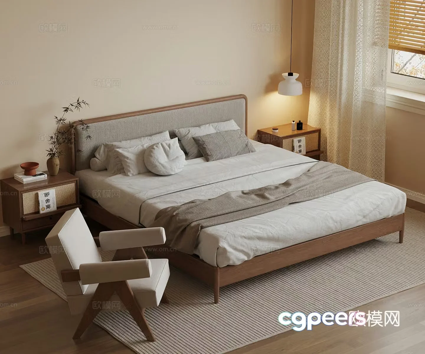 Middle style double bed nightstand chandelier 3d model