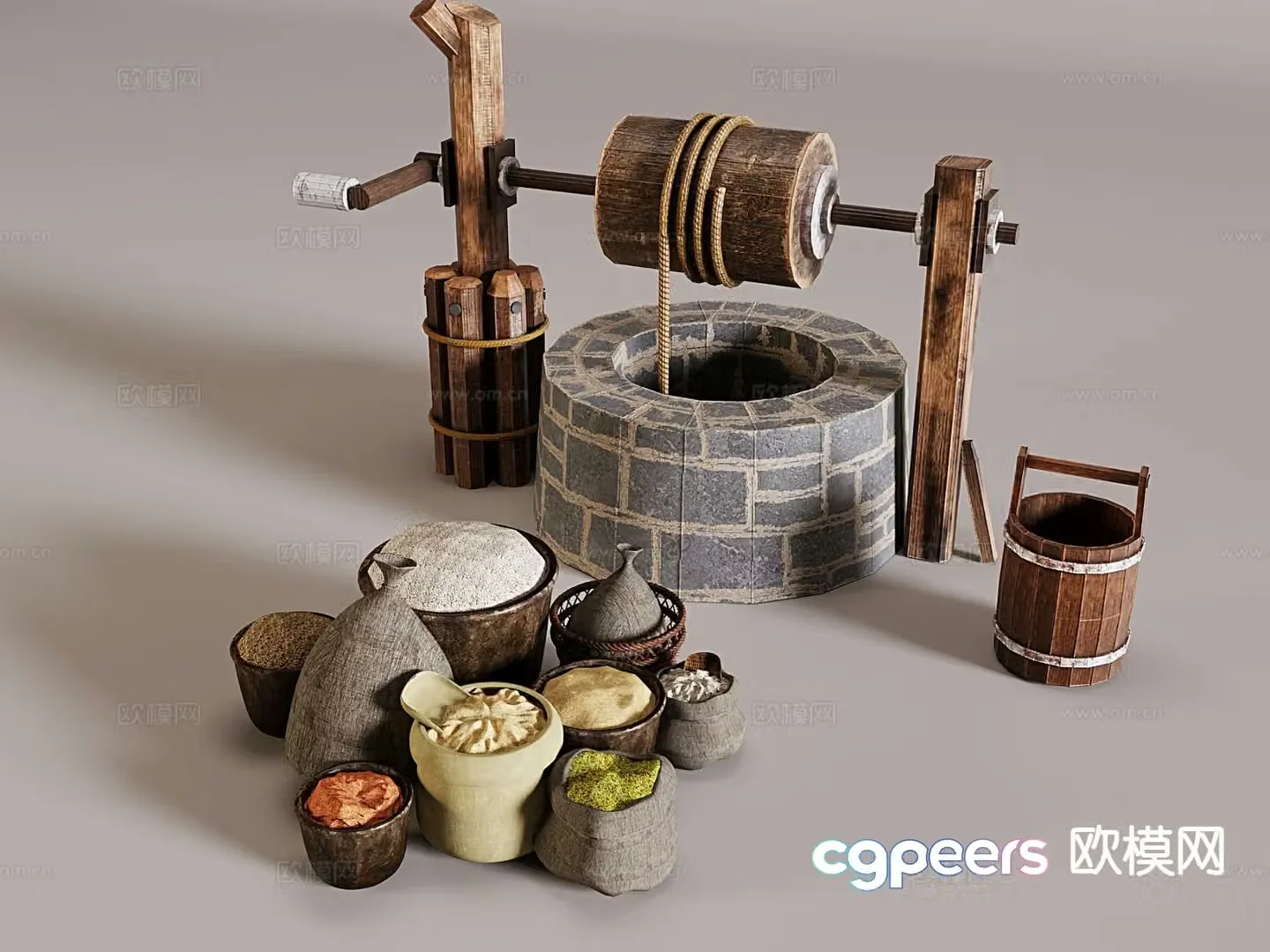 Chinese style ancient well ornaments wooden windlass derrick 3D model