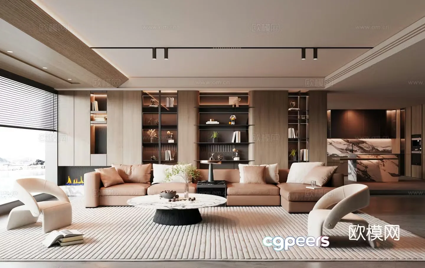 Modern Italian dining room decorative bookcase background wall sofa coffee table combination spotlight island cabinet 3d model
