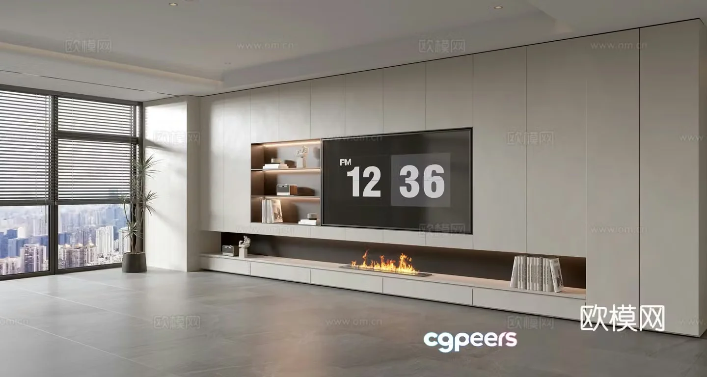 Modern creamy living room light luxury TV background wall creamy TV background wall full wall TV cabinet 3D model