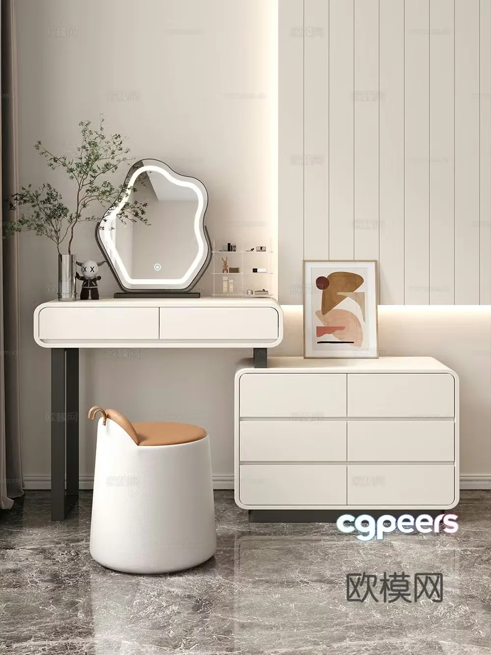 Cream style dressing table makeup stool combination dressing table makeup stool mirror decoration hanging painting 3D model