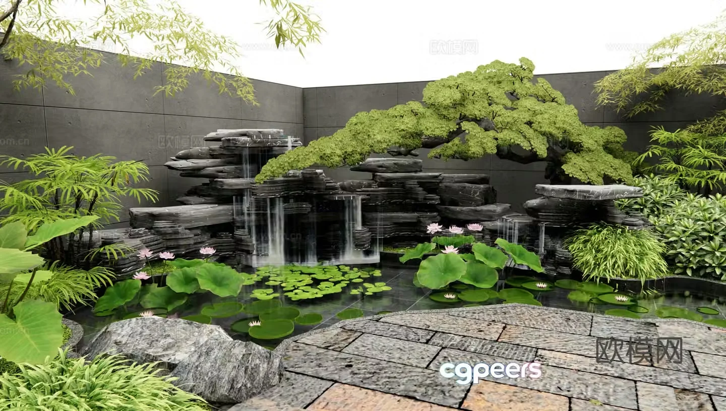 Chinese rockery waterscape rockery fish pond waterscape lotus old stone slab garden paving shrub 3d model
