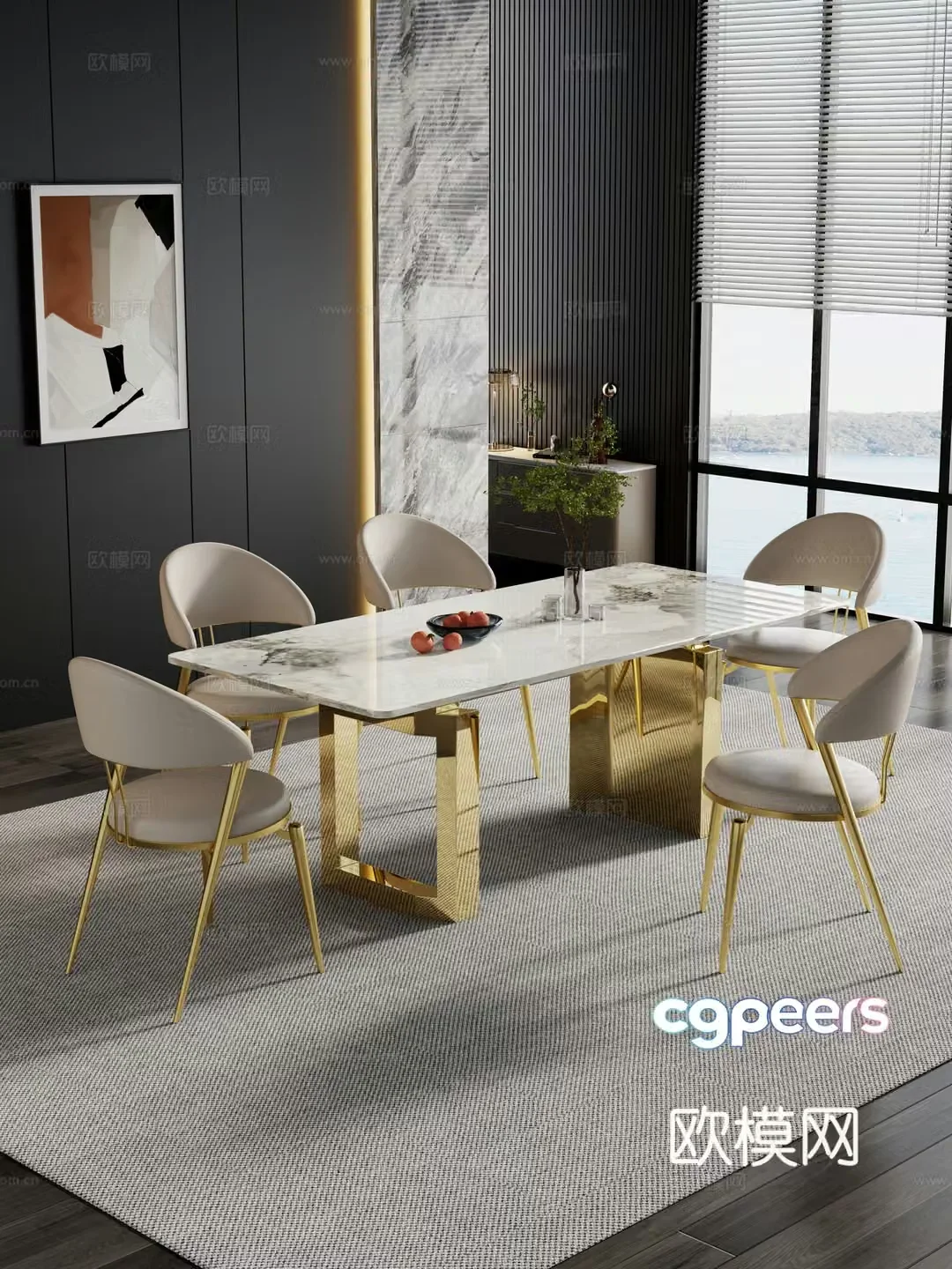Restaurant Dining table and chair combination Rock table hanging paintings Decoration 3D model
