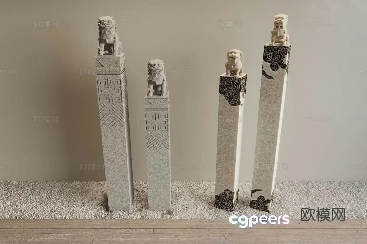 Chinese horse tethering stake stone lion 3D model