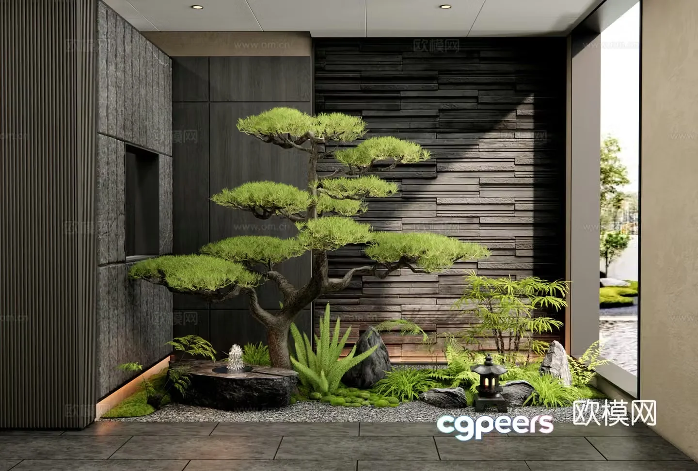 New Chinese interior landscape plant landscaping courtyard sketch plant combination water bowl flower and grass 3D model