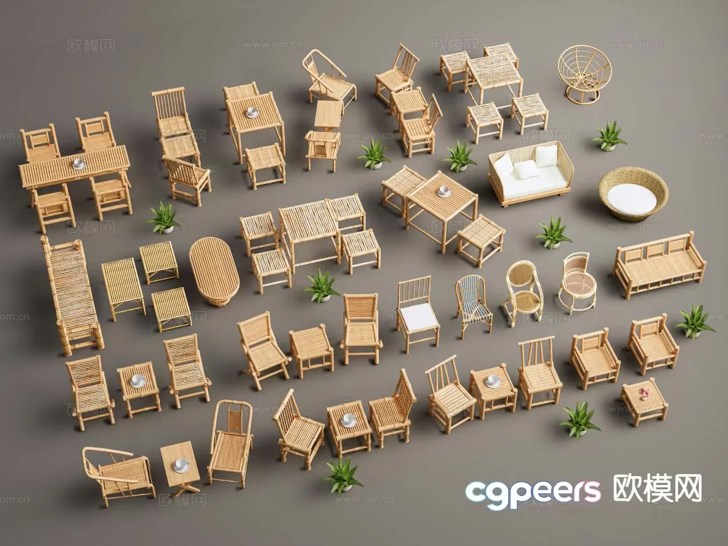 New Chinese style bamboo tables and chairs outdoor tables and chairs 3D model