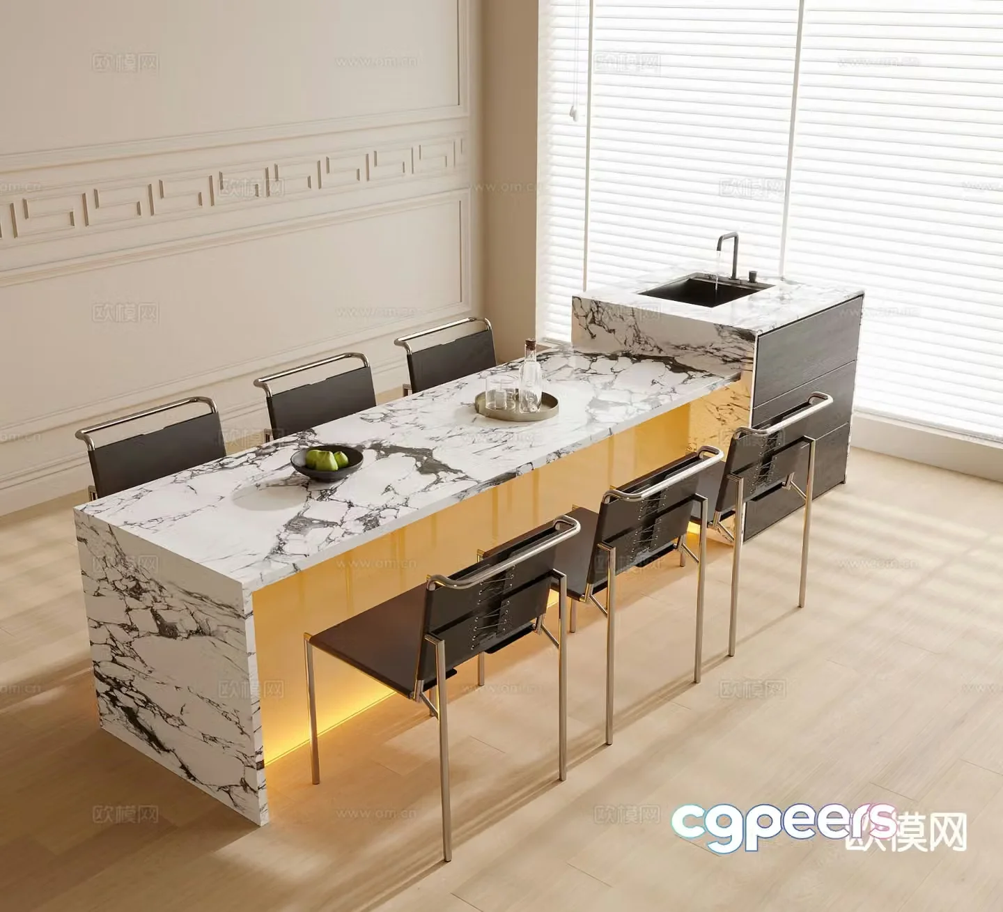 Modern dining table and chairs island dining table 3d model