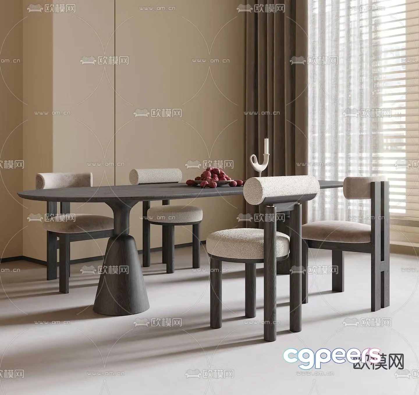 Oval dining table and chairs solid wood dining table 3d model
