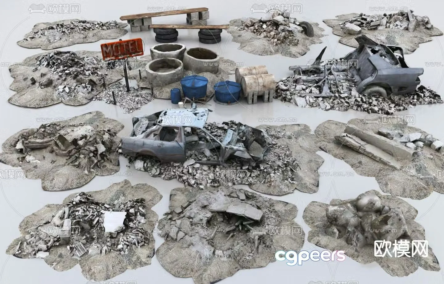 Game scene ruins stones scrap cars street signs 3d model