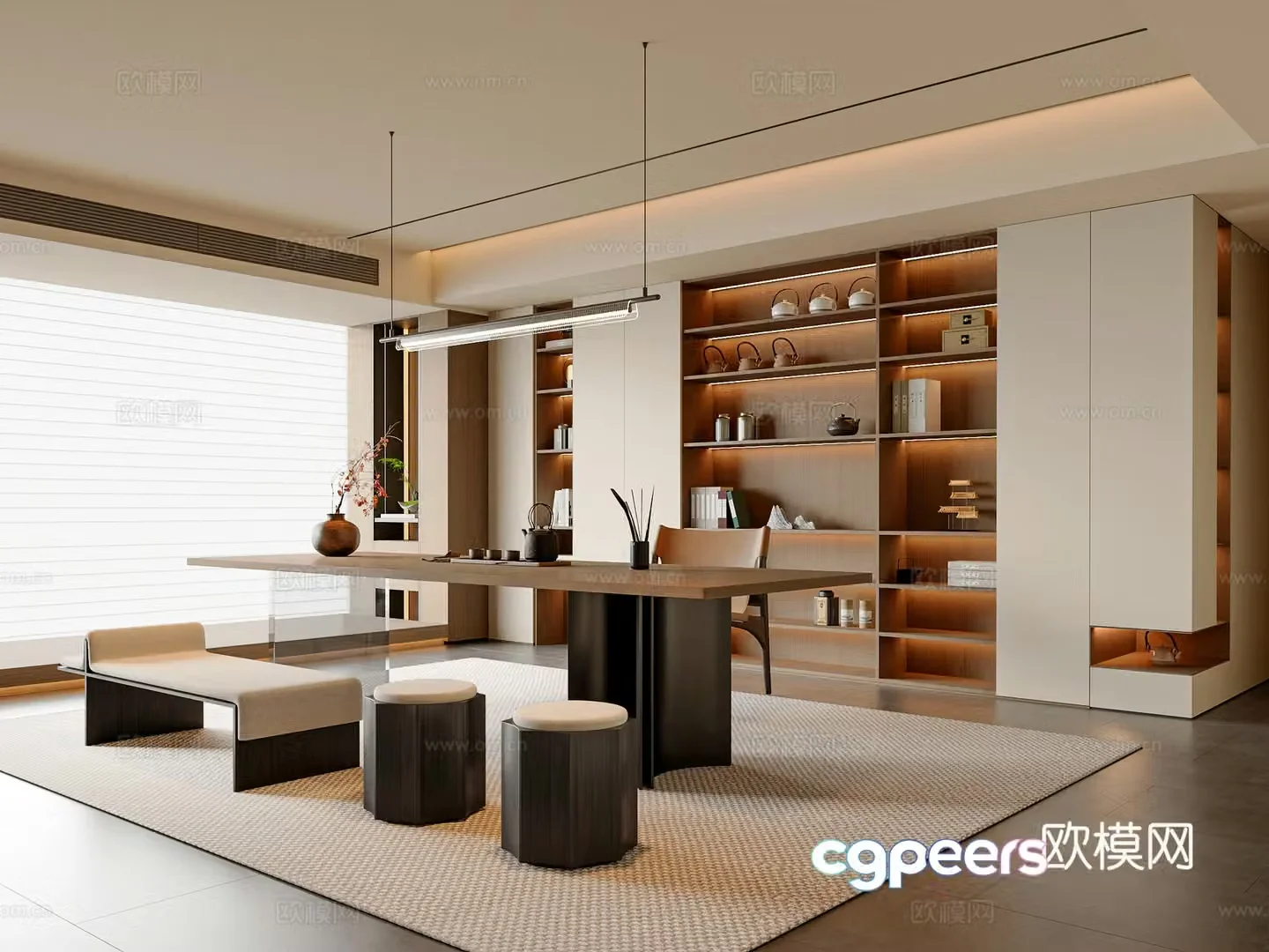 New Chinese style Chinese tea room tea table and chair combination tea room cabinet new Chinese style chandeliers tea room accessories ornaments 3D model