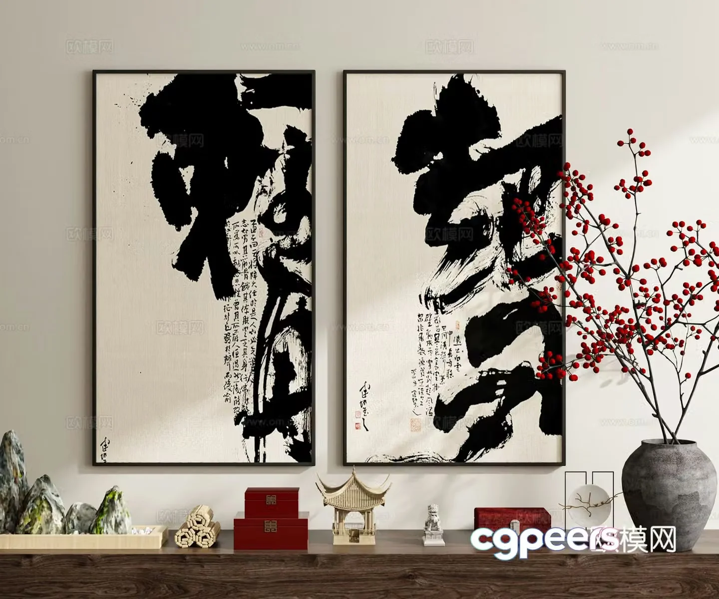 New Chinese-style artistic characters calligraphy calligraphy and painting decorations 3D models