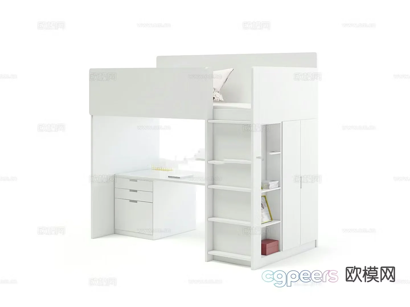 Upper bed and lower table study table children’s bed 3D model