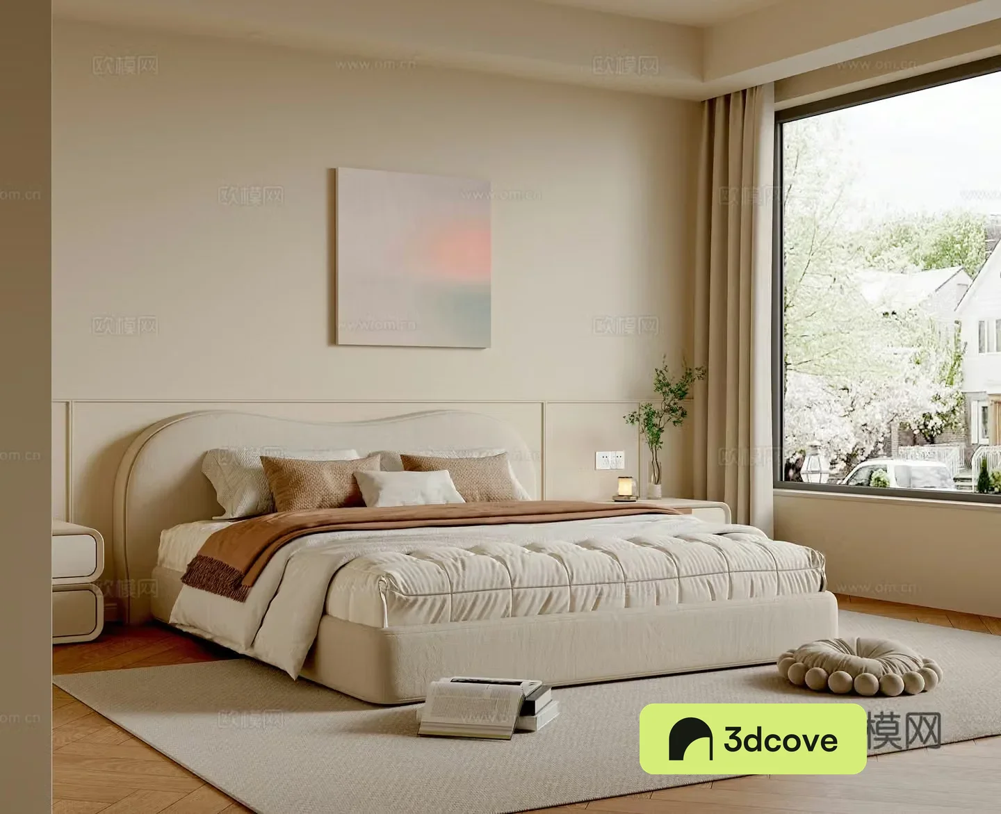 Modern creamy bedroom master bedroom double bed wardrobe hanging painting bedside table