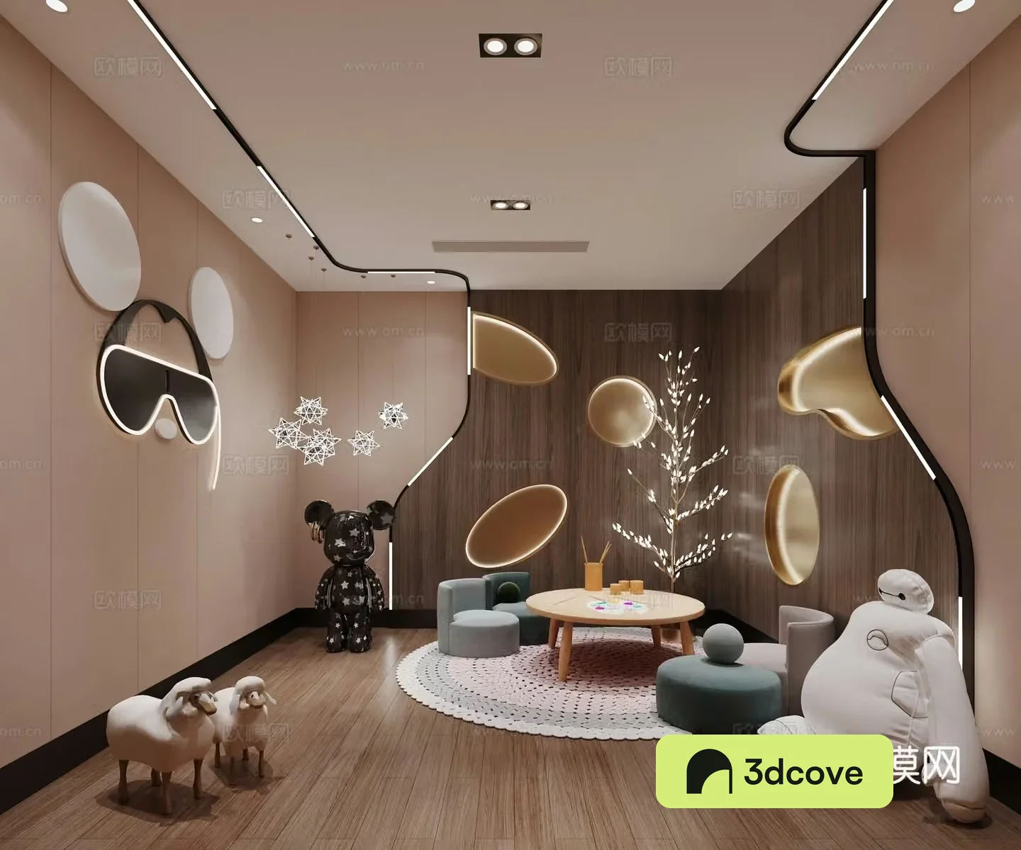 Modern children’s entertainment room sofa toy sheep wall decoration decorative tree chandelier