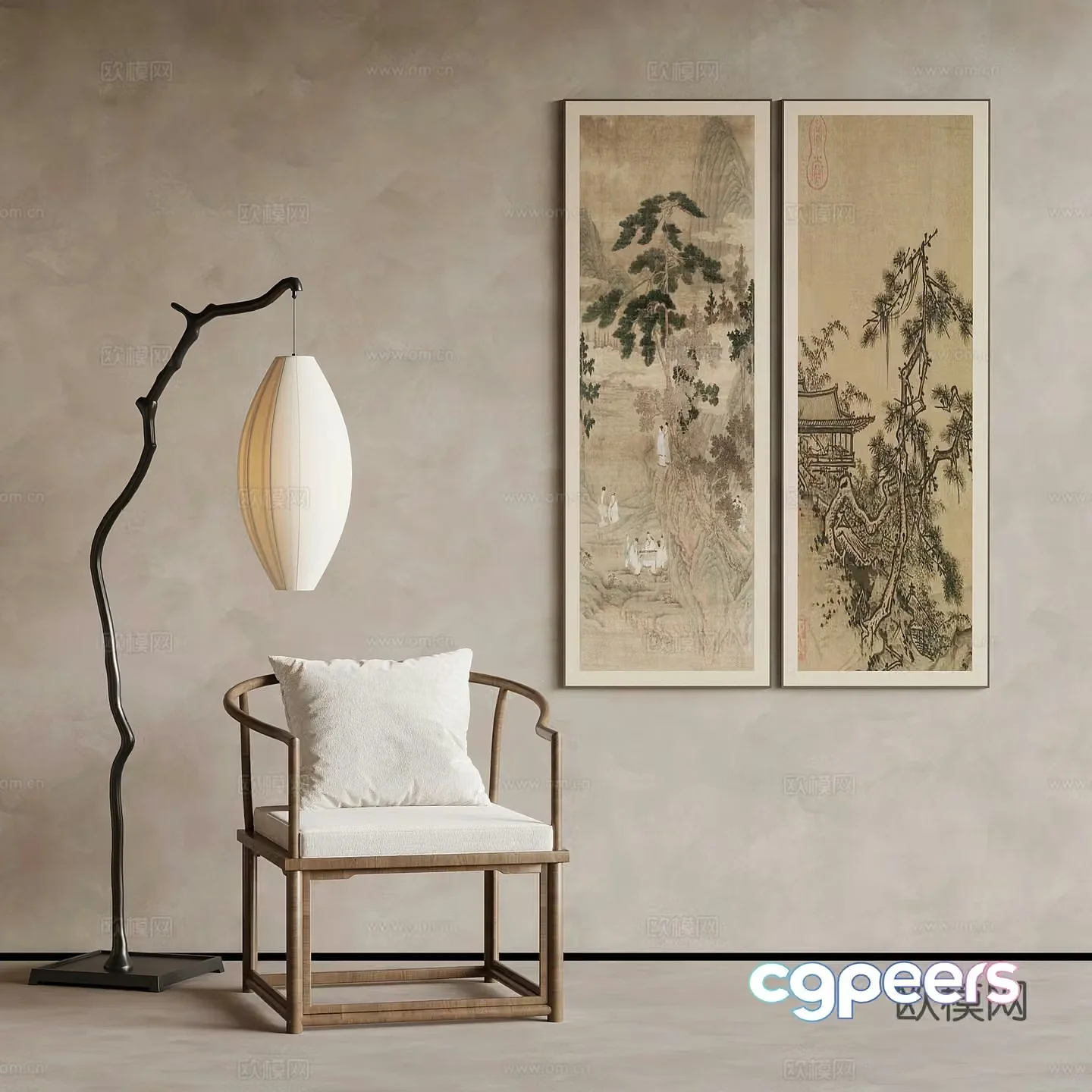 New Chinese style single chair tea chair writing chair decorative painting floor lamp 3D model