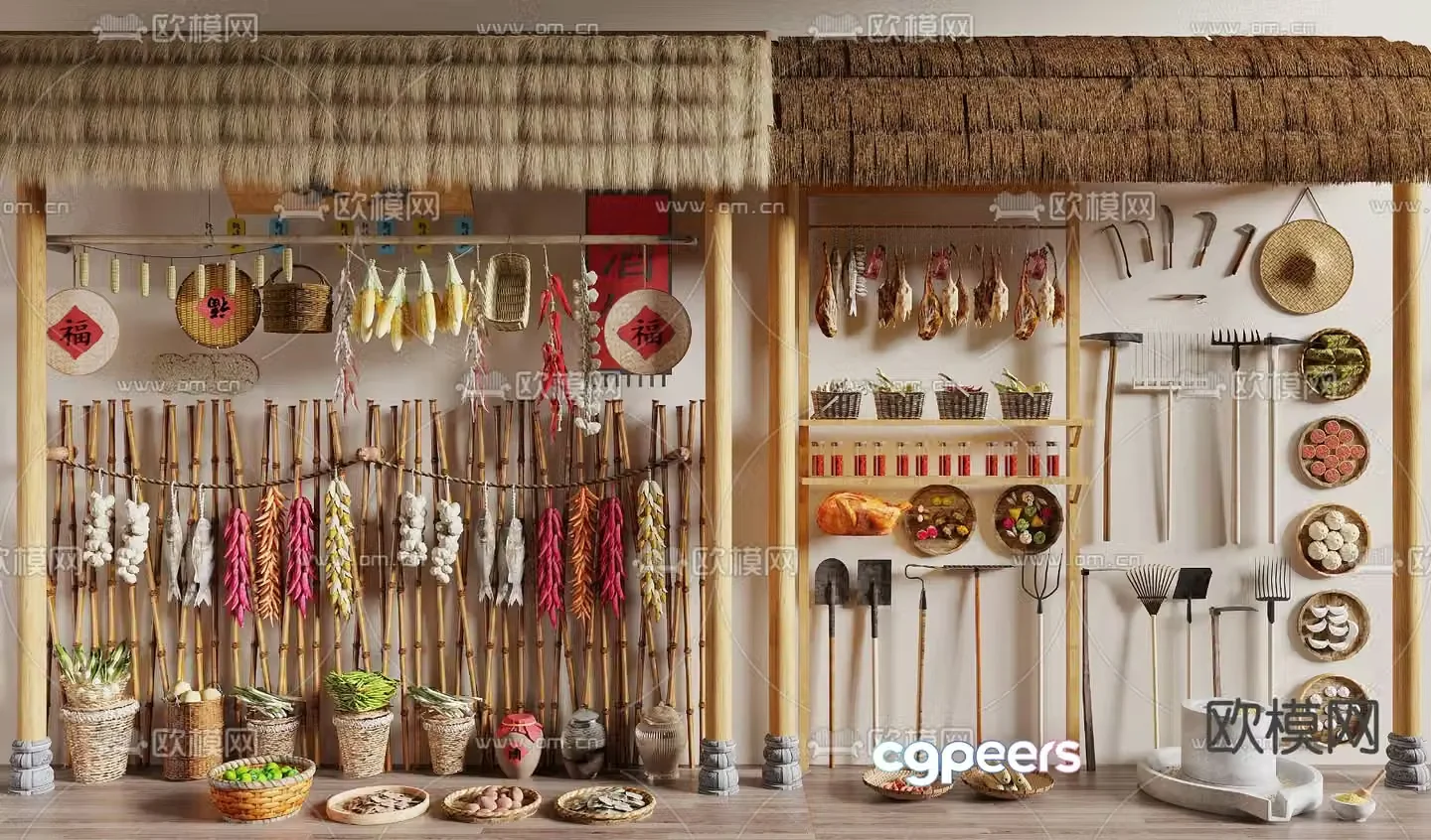 Chinese style farmhouse farming sketches agricultural tools thatched shed 3D model