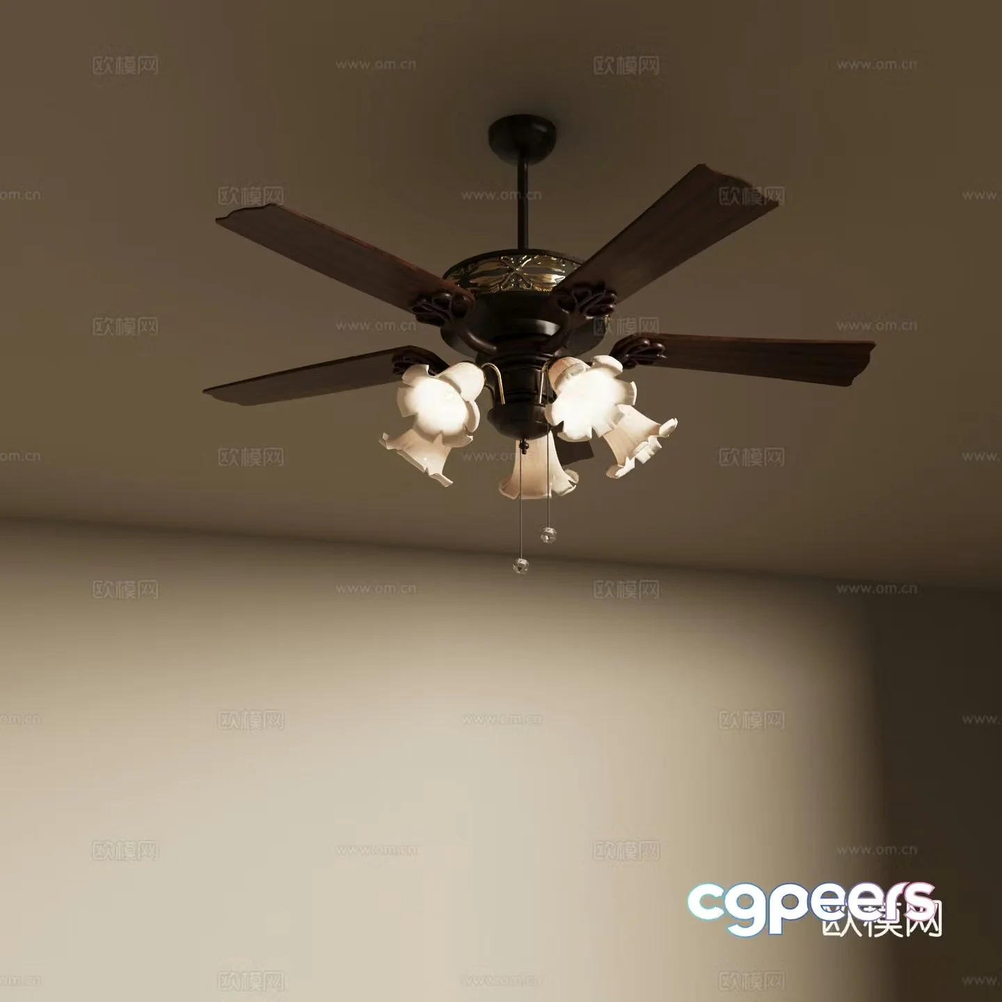 French retro style fan light solid wood fan light ceiling fan light 3d model