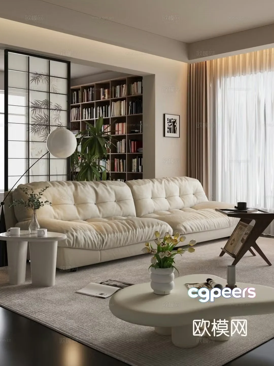 Modern home living room Home living room Sofa coffee table combination Bookcase Screen 3D model
